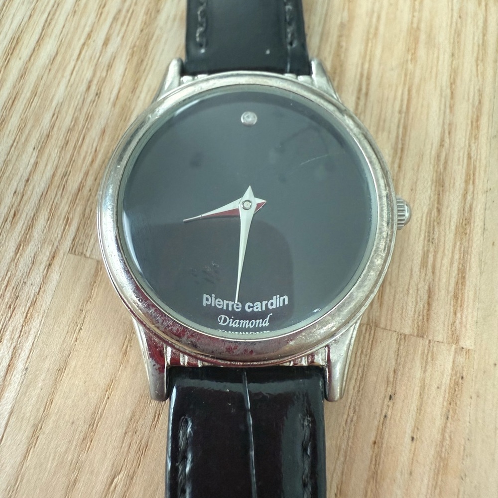 Pierre Cardin ladies diamond black leather dress watch NEW BATTERY